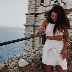 White two piece set with blue stripes